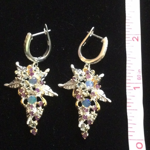 Breathtaking Genuine Opals, Rhodolite Garnets & Aquamarines Earrings - Picture 7 of 7